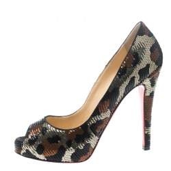 مملوكة مسبقًا Christian Louboutin Leopard Print Sequin Paillettes Very Prive Peep Toe Pumps Size 38.5