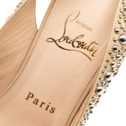 Christian Louboutin Beige Studded Patent Leather Star Prive Peep Toe Slingback Sandals Size 39