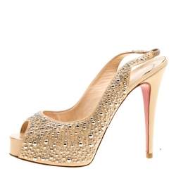 Christian Louboutin Beige Studded Patent Leather Star Prive Peep Toe Slingback Sandals Size 39