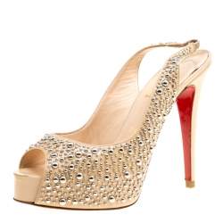 Christian Louboutin Beige Studded Patent Leather Star Prive Peep Toe Slingback Sandals Size 39