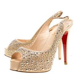 Christian Louboutin Beige Studded Patent Leather Star Prive Peep Toe Slingback Sandals Size 39