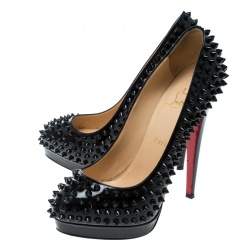 Pre Owned Christian Louboutin Black Patent Leather Alti Spikes Platform Pumps Size 37.5