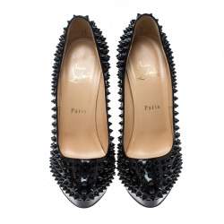 Pre Owned Christian Louboutin Black Patent Leather Alti Spikes Platform Pumps Size 37.5