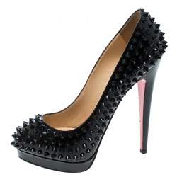 Pre Owned Christian Louboutin Black Patent Leather Alti Spikes Platform Pumps Size 37.5