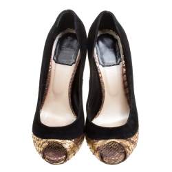 Dior Black/Gold Suede and Python Peep Toe Pumps Size 35.5 