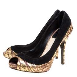 Dior Black/Gold Suede and Python Peep Toe Pumps Size 35.5 