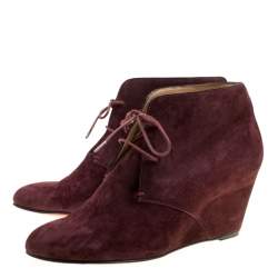 Christian Louboutin Wine Suede Compacta Wedge Heel Lace Up Boots Size 38