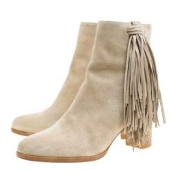 Pre Owned Christian Louboutin Beige Suede Jimmy Netta Tassel Detail Block Heel Ankle Boots Size 37.5