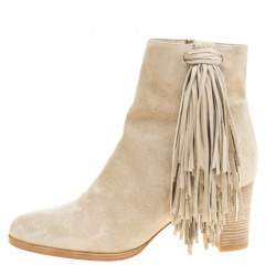 Pre Owned Christian Louboutin Beige Suede Jimmy Netta Tassel Detail Block Heel Ankle Boots Size 37.5