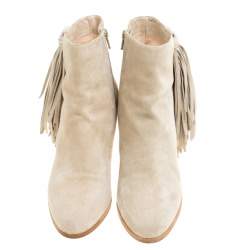 Pre Owned Christian Louboutin Beige Suede Jimmy Netta Tassel Detail Block Heel Ankle Boots Size 37.5