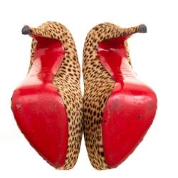 Pre Owned حذاء كعب عالي كريستيان لوبوتان نعل سميك دفوديل شعر عجل طباعة فهد بيج مقاس 36.5