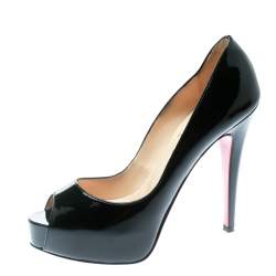 Pre Owned Christian Louboutin Black Patent Leather Hyper Prive Peep Toe Platform Pumps Size 37