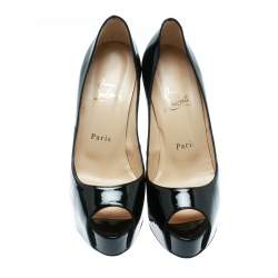 Pre Owned Christian Louboutin Black Patent Leather Hyper Prive Peep Toe Platform Pumps Size 37