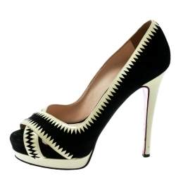 Christian Louboutin Black Suede And Cream Patent Leather Peep Toe Platform Pumps Size 39