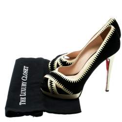 Christian Louboutin Black Suede And Cream Patent Leather Peep Toe Platform Pumps Size 39