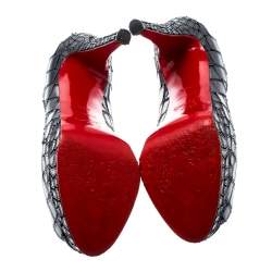 Christian Louboutin Grey Mirror Leather/Satin Mosaic 'Sobek 140' Peep Toe Platform Pumps Size 36.5