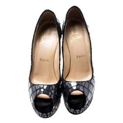 Christian Louboutin Grey Mirror Leather/Satin Mosaic 'Sobek 140' Peep Toe Platform Pumps Size 36.5