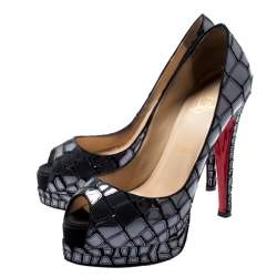 Christian Louboutin Grey Mirror Leather/Satin Mosaic 'Sobek 140' Peep Toe Platform Pumps Size 36.5