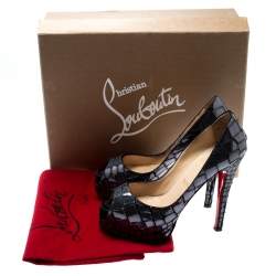 Christian Louboutin Grey Mirror Leather/Satin Mosaic 'Sobek 140' Peep Toe Platform Pumps Size 36.5