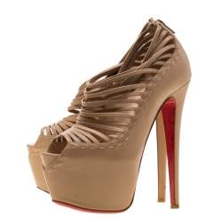 Pre Owned Christian Louboutin Beige Leather Zoulou Platform Peep Toe Cage Sandals Size 36.5