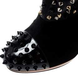 Pre Owned Christian Louboutin Black Patent Leather And Suede Spike Wars Ankle Boots Size 37.5