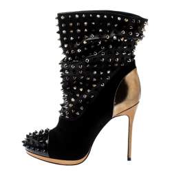 Pre Owned Christian Louboutin Black Patent Leather And Suede Spike Wars Ankle Boots Size 37.5