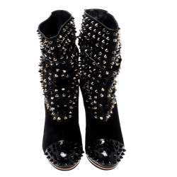 Pre Owned Christian Louboutin Black Patent Leather And Suede Spike Wars Ankle Boots Size 37.5