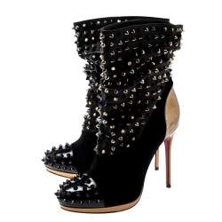 Pre Owned Christian Louboutin Black Patent Leather And Suede Spike Wars Ankle Boots Size 37.5