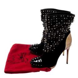 Pre Owned Christian Louboutin Black Patent Leather And Suede Spike Wars Ankle Boots Size 37.5