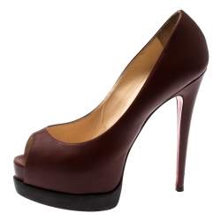 Pre Owned Christian Louboutin Brown Leather Peep toe  Platform Pumps Size 38.5