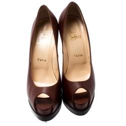 Pre Owned Christian Louboutin Brown Leather Peep toe  Platform Pumps Size 38.5