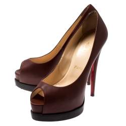 Pre Owned Christian Louboutin Brown Leather Peep toe  Platform Pumps Size 38.5