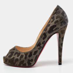 Pre Owned Christian Louboutint Gold/Silver Leopard Glitter Canvas Very Prive Lamé Peep Toe Pumps Size 37