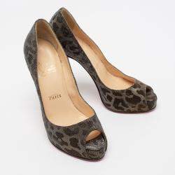 Pre Owned Christian Louboutint Gold/Silver Leopard Glitter Canvas Very Prive Lamé Peep Toe Pumps Size 37