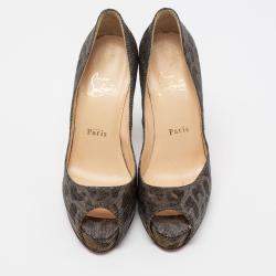 Pre Owned Christian Louboutint Gold/Silver Leopard Glitter Canvas Very Prive Lamé Peep Toe Pumps Size 37