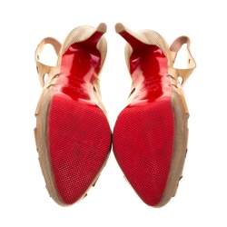 Pre Owned Christian Louboutin Beige Patent Leather Ginza Platform Slingback Sandals Size 38.5