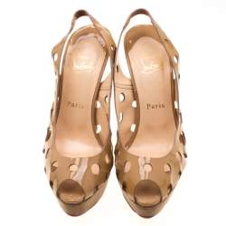 Pre Owned Christian Louboutin Beige Patent Leather Ginza Platform Slingback Sandals Size 38.5