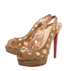 Pre Owned Christian Louboutin Beige Patent Leather Ginza Platform Slingback Sandals Size 38.5