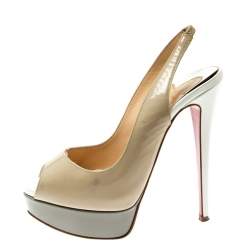 Pre Owned Christian Louboutin Tricolor Patent Leather Private Number Peep Toe Slingback Sandals Size 35.5