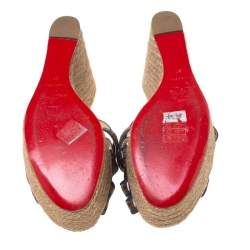 Pre Owned صندل كريستيان لوبوتان مطبوع نقشة إبزيم ثنائي اللون سيور كعب روكي اسبادريل نعل سميك ساتان مقاس 37