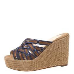 Pre Owned صندل كريستيان لوبوتان مطبوع نقشة إبزيم ثنائي اللون سيور كعب روكي اسبادريل نعل سميك ساتان مقاس 37