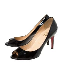 Pre Owned Christian Louboutin Black Patent Leather Flo Peep Toe Pumps Size 38