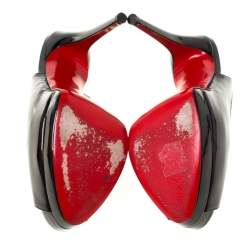 مملوكة مسبقًا Christian Louboutin Black Patent Leather Palais Royal Peep Toe Platform Slingback Sandals Size 38.5