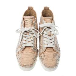 Pre Owned Christian Louboutin Pink Python Leather Louis Orlato Lace Up Sneakers Size 38.5