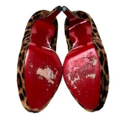 Pre Owned Christian Louboutin Brown/Beige Leopard Print Pony Hair Platform Booties Size 37