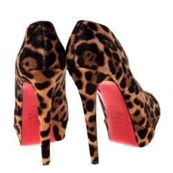 Pre Owned Christian Louboutin Brown/Beige Leopard Print Pony Hair Platform Booties Size 37