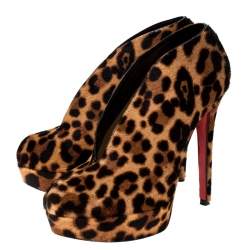 Pre Owned Christian Louboutin Brown/Beige Leopard Print Pony Hair Platform Booties Size 37