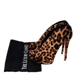 Pre Owned Christian Louboutin Brown/Beige Leopard Print Pony Hair Platform Booties Size 37