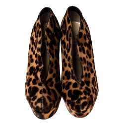 Pre Owned Christian Louboutin Brown/Beige Leopard Print Pony Hair Platform Booties Size 37
