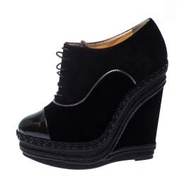 Pre Owned Christian Louboutin Black Velvet and Suede Lace Espadrilles Wedge Booties Size 36.5